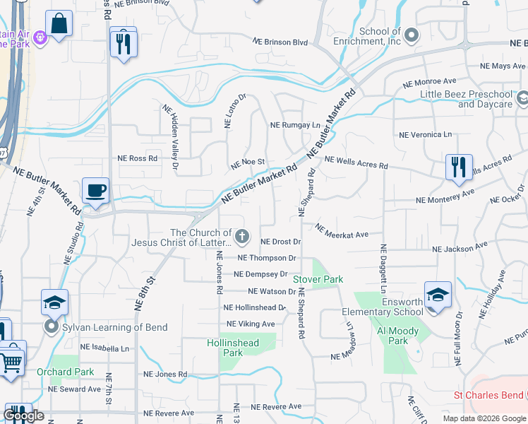 map of restaurants, bars, coffee shops, grocery stores, and more near 2605 Northeast North Pilot Butte Drive in Bend