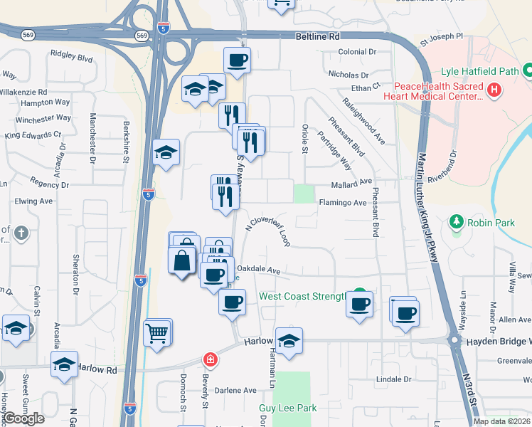 map of restaurants, bars, coffee shops, grocery stores, and more near 947 North Cloverleaf Loop in Springfield