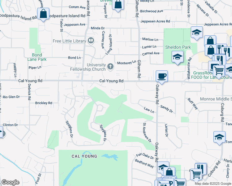map of restaurants, bars, coffee shops, grocery stores, and more near 2002 Cal Young Road in Eugene