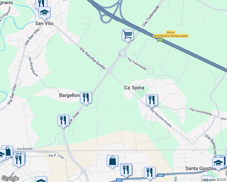 map of restaurants, bars, coffee shops, grocery stores, and more near 180b Via del Duro in Provincia di Rimini
