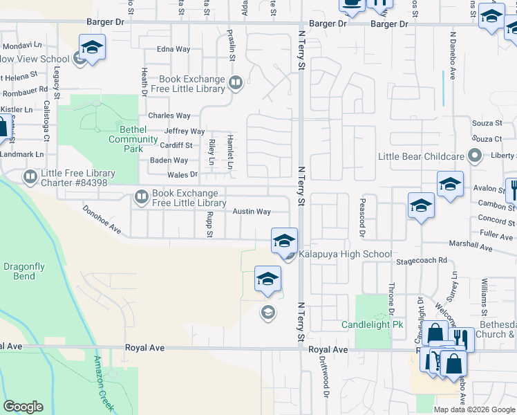 map of restaurants, bars, coffee shops, grocery stores, and more near 5361 Austin Way in Eugene