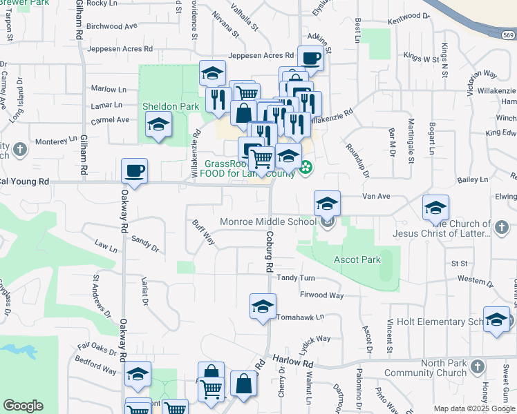 map of restaurants, bars, coffee shops, grocery stores, and more near 1222 Coburg Road in Eugene