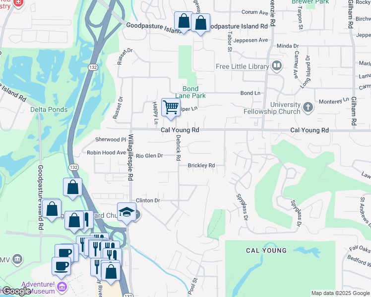 map of restaurants, bars, coffee shops, grocery stores, and more near 1325 Debrick Road in Eugene