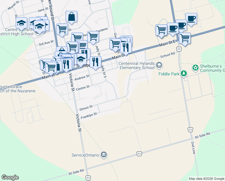 map of restaurants, bars, coffee shops, grocery stores, and more near 358 Jelly Street South in Shelburne