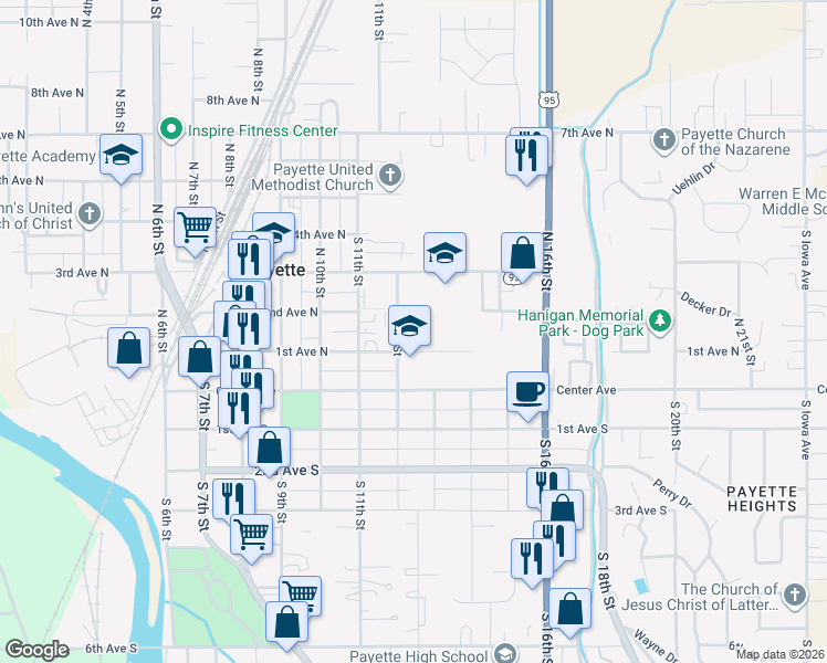 map of restaurants, bars, coffee shops, grocery stores, and more near 106 North 12th Street in Payette