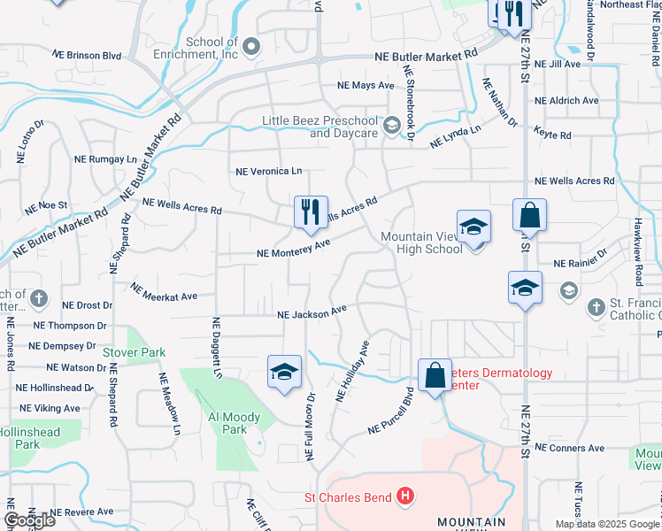 map of restaurants, bars, coffee shops, grocery stores, and more near 2567 Northeast Ocker Drive in Bend