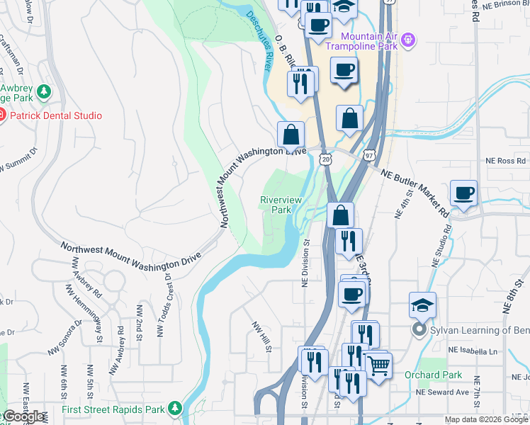 map of restaurants, bars, coffee shops, grocery stores, and more near 2595 Northwest Rippling River Court in Bend