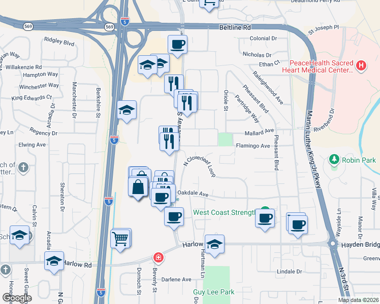 map of restaurants, bars, coffee shops, grocery stores, and more near 947 North Cloverleaf Loop in Springfield