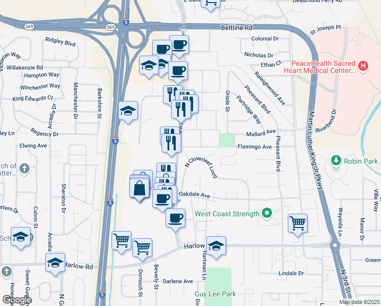 map of restaurants, bars, coffee shops, grocery stores, and more near 947 North Cloverleaf Loop in Springfield