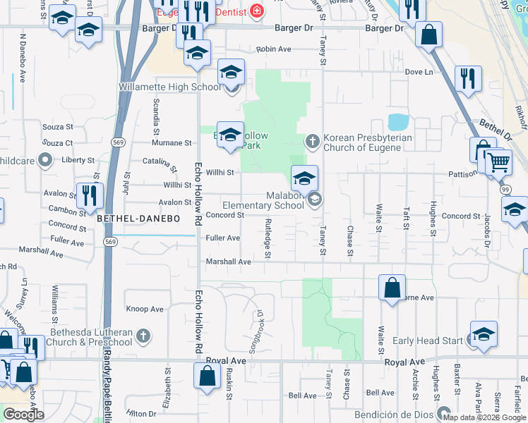 map of restaurants, bars, coffee shops, grocery stores, and more near 1339 Rutledge Street in Eugene