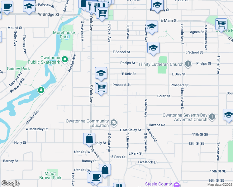 map of restaurants, bars, coffee shops, grocery stores, and more near 122 South Street in Owatonna
