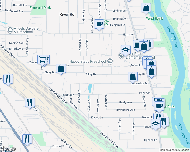 map of restaurants, bars, coffee shops, grocery stores, and more near 1010 Elkay Drive in Eugene