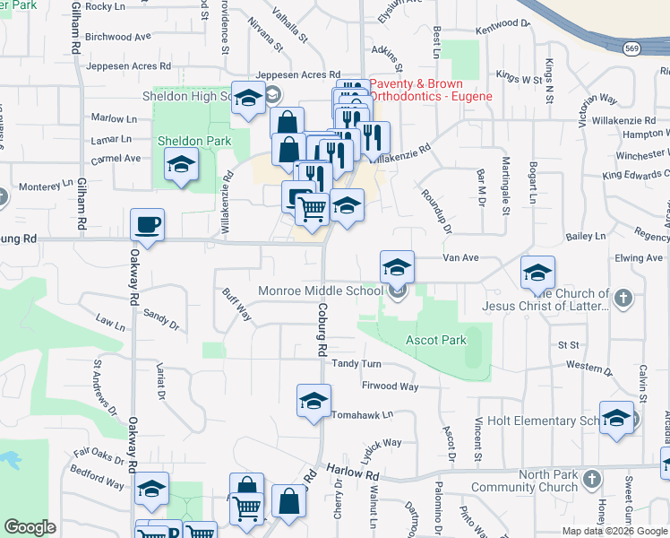 map of restaurants, bars, coffee shops, grocery stores, and more near 1221 Coburg Road in Eugene