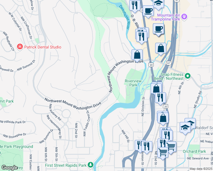map of restaurants, bars, coffee shops, grocery stores, and more near 2375 Northwest Majestic Ridge Drive in Bend