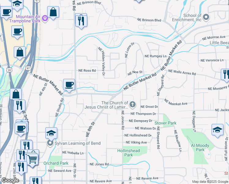 map of restaurants, bars, coffee shops, grocery stores, and more near 1050 Northeast Butler Market Road in Bend