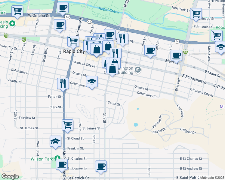 map of restaurants, bars, coffee shops, grocery stores, and more near 420 Columbus Street in Rapid City