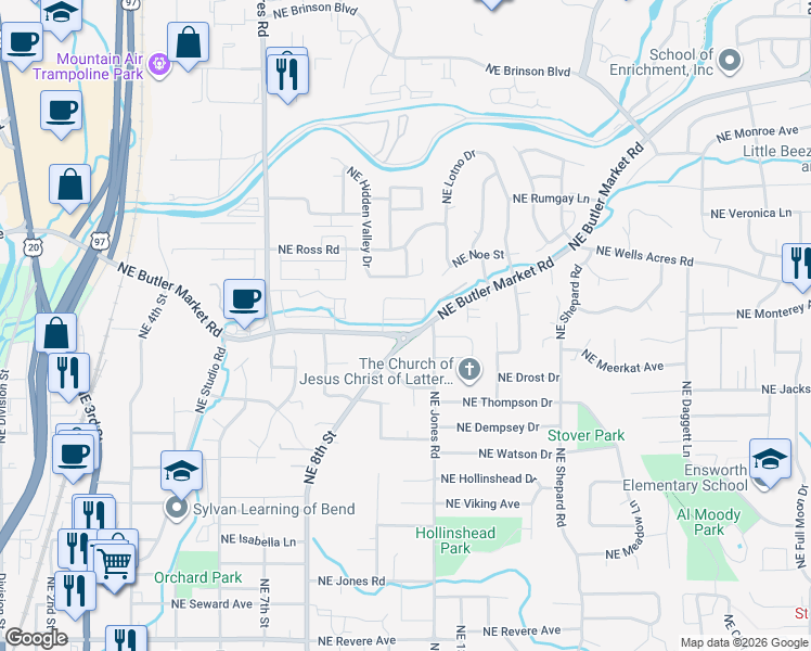 map of restaurants, bars, coffee shops, grocery stores, and more near 2600 Northeast 8th Street in Bend