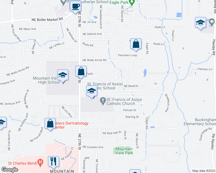 map of restaurants, bars, coffee shops, grocery stores, and more near 21280 Northeast Beall Drive in Bend