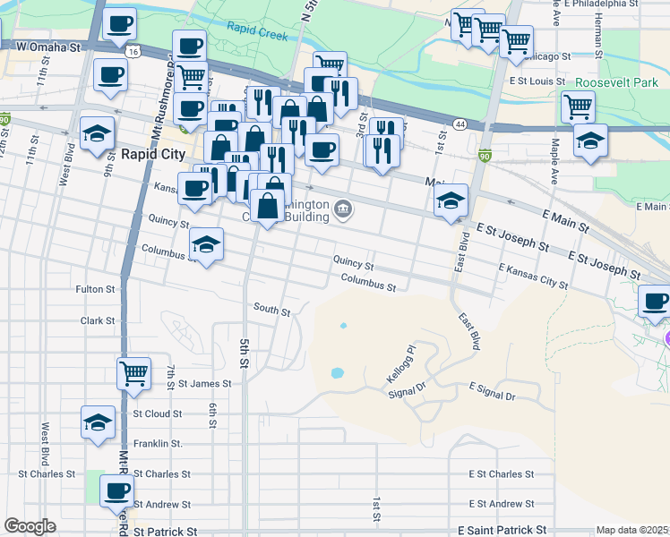 map of restaurants, bars, coffee shops, grocery stores, and more near 828 3rd Street in Rapid City