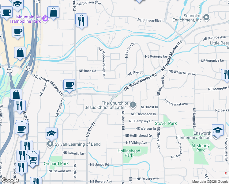 map of restaurants, bars, coffee shops, grocery stores, and more near 2600 Northeast 8th Street in Bend