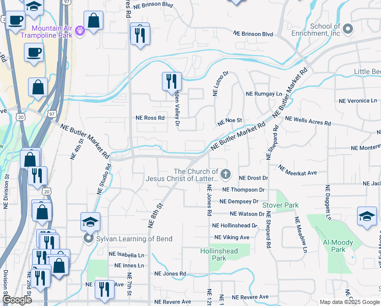 map of restaurants, bars, coffee shops, grocery stores, and more near 2600 Northeast 8th Street in Bend