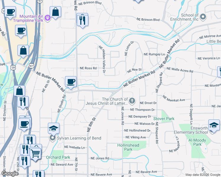 map of restaurants, bars, coffee shops, grocery stores, and more near 2600 Northeast 8th Street in Bend