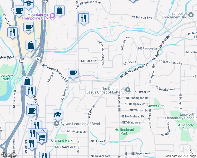 map of restaurants, bars, coffee shops, grocery stores, and more near 1005 Northeast Butler Market Road in Bend