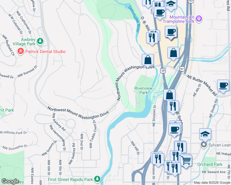 map of restaurants, bars, coffee shops, grocery stores, and more near 2400 Northwest Majestic Ridge Drive in Bend