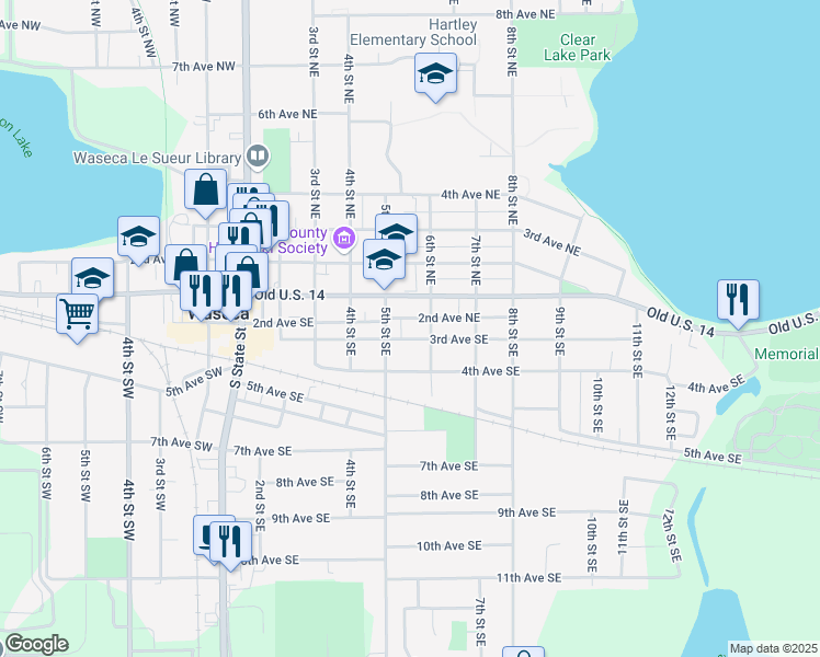 map of restaurants, bars, coffee shops, grocery stores, and more near 508 3rd Avenue Southeast in Waseca
