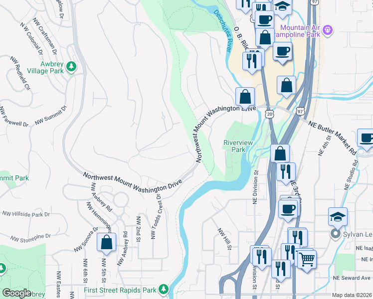 map of restaurants, bars, coffee shops, grocery stores, and more near 2533 Northwest Pine Terrace Drive in Bend