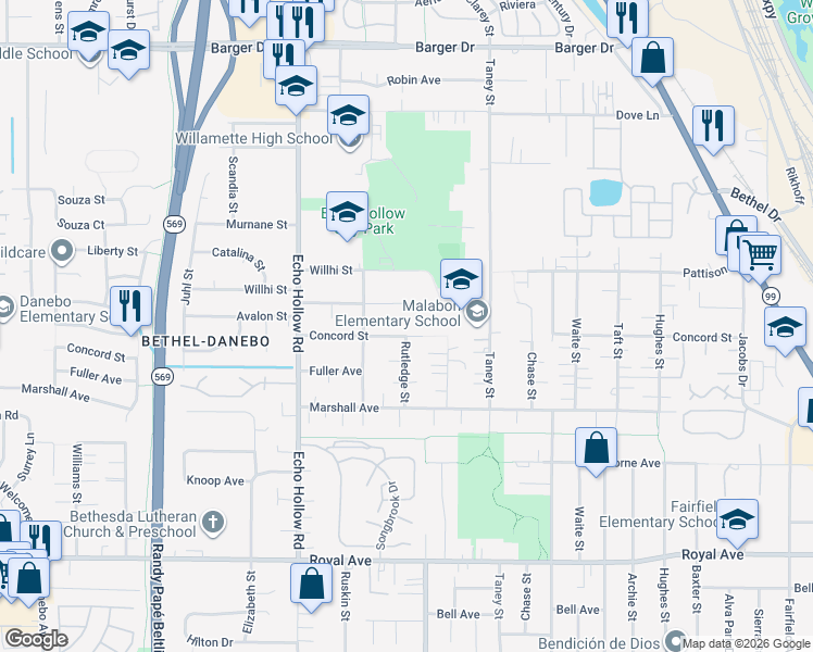 map of restaurants, bars, coffee shops, grocery stores, and more near 1339 Rutledge Street in Eugene