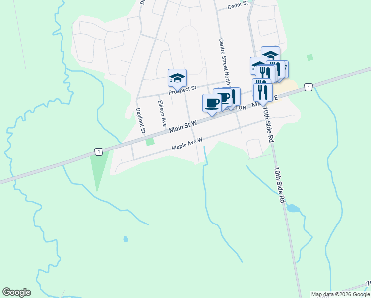 map of restaurants, bars, coffee shops, grocery stores, and more near 54 Tecumseth Street South in New Tecumseth