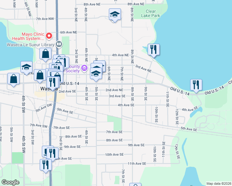 map of restaurants, bars, coffee shops, grocery stores, and more near 608 3rd Avenue Southeast in Waseca
