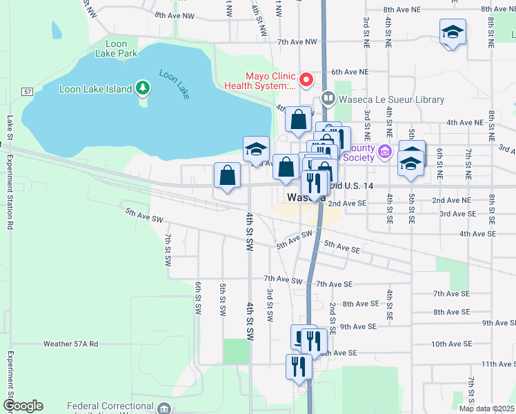 map of restaurants, bars, coffee shops, grocery stores, and more near 201 4th Avenue Northeast in Waseca