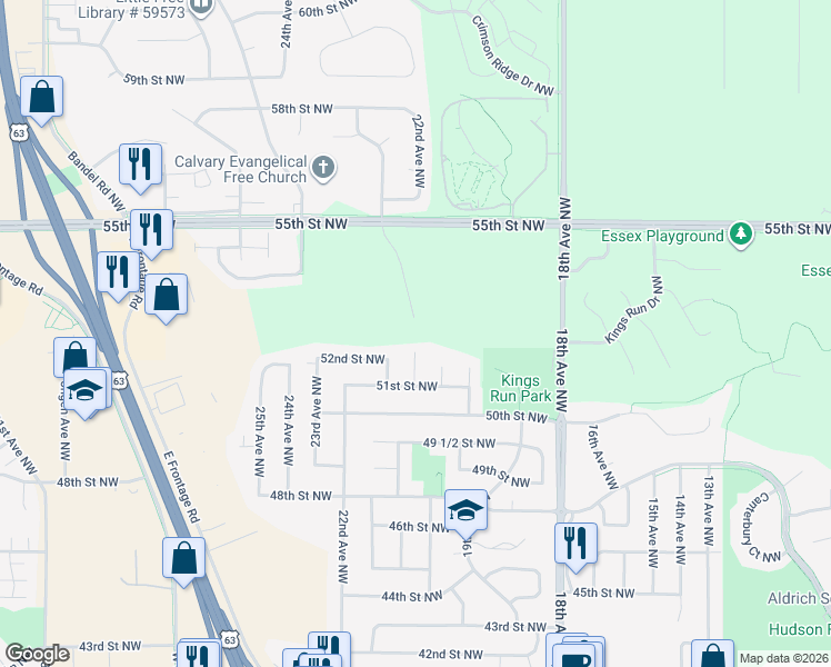 map of restaurants, bars, coffee shops, grocery stores, and more near 5121 20 1/2 Avenue Lane Northwest in Rochester