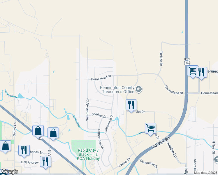 map of restaurants, bars, coffee shops, grocery stores, and more near 3216 Eunice Drive in Rapid City