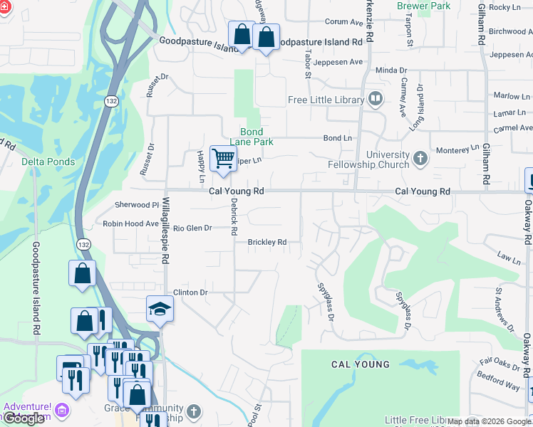 map of restaurants, bars, coffee shops, grocery stores, and more near 1254 Rio Glen Drive in Eugene