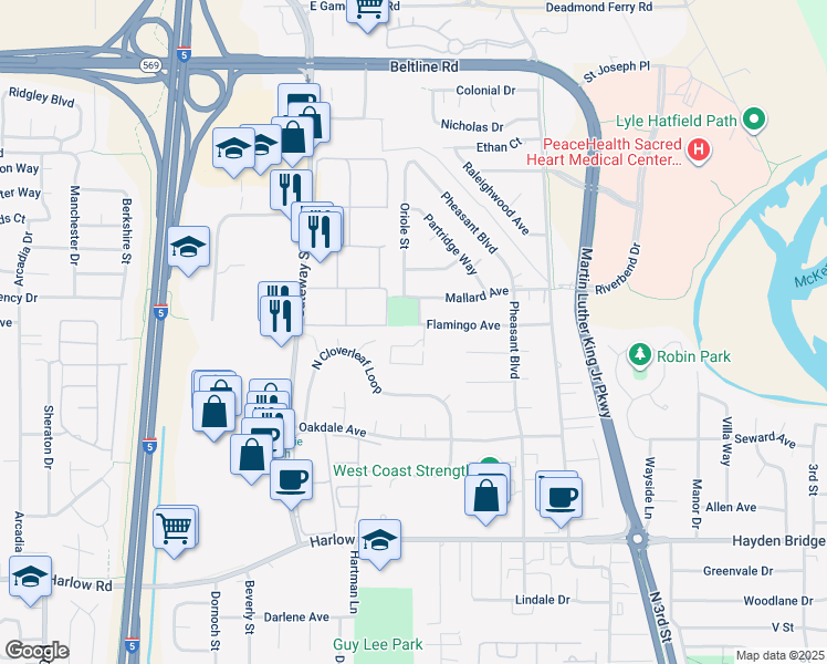 map of restaurants, bars, coffee shops, grocery stores, and more near 705 Flamingo Avenue in Springfield
