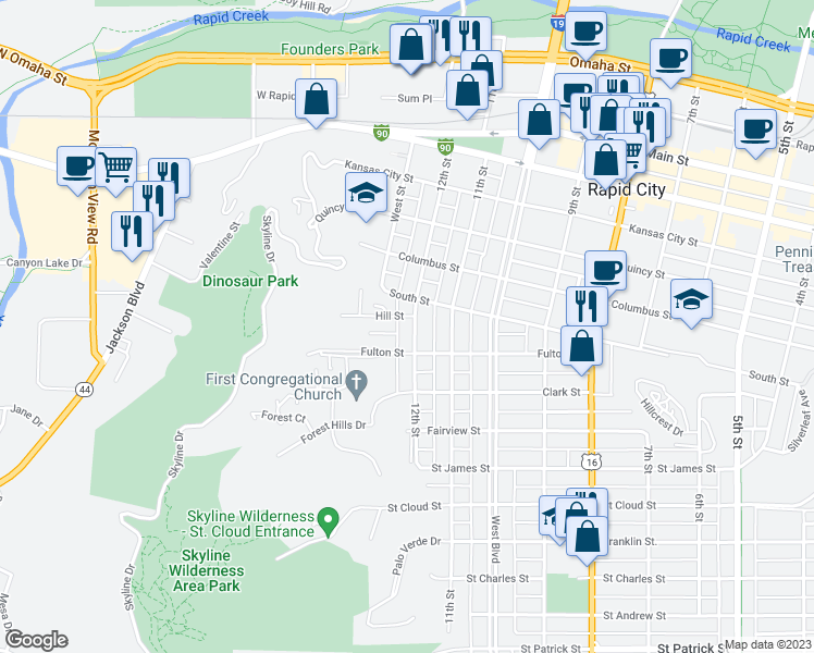 map of restaurants, bars, coffee shops, grocery stores, and more near 1017 12th Street in Rapid City