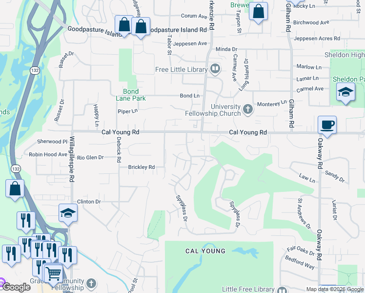 map of restaurants, bars, coffee shops, grocery stores, and more near 1328 Spyglass Drive in Eugene