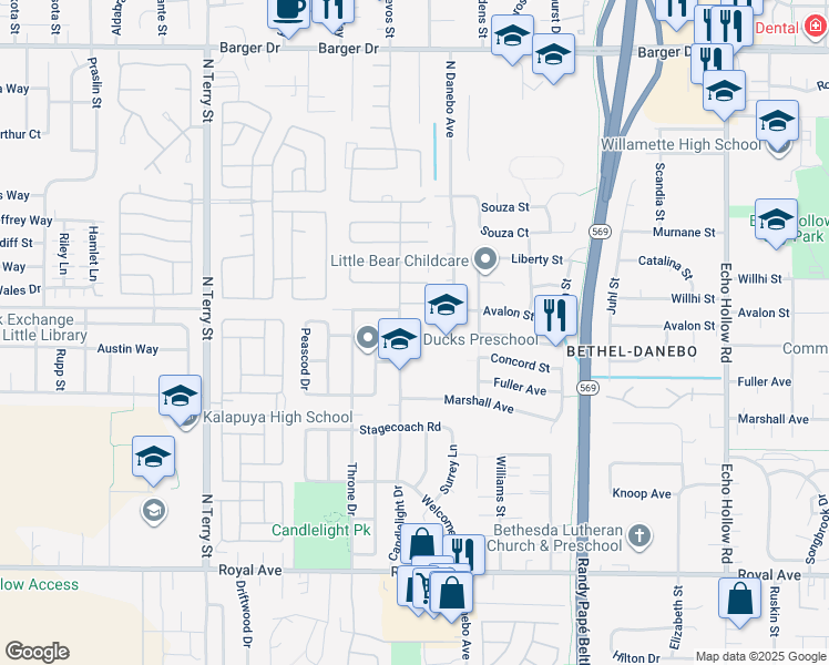 map of restaurants, bars, coffee shops, grocery stores, and more near 1265 Candlelight Drive in Eugene
