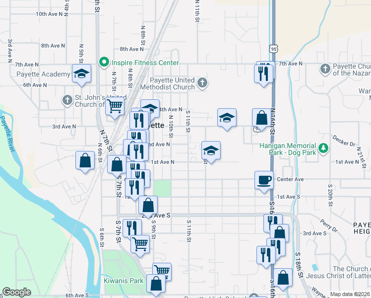 map of restaurants, bars, coffee shops, grocery stores, and more near 1023 1st Avenue North in Payette