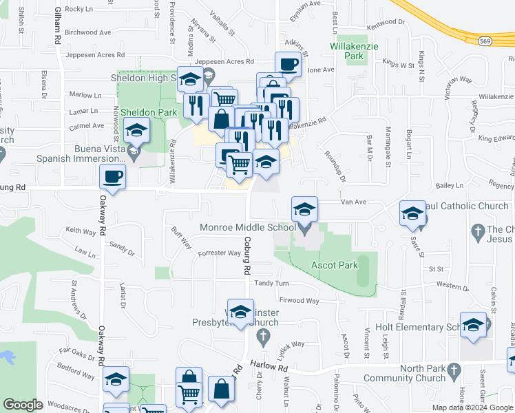 map of restaurants, bars, coffee shops, grocery stores, and more near 1241 Coburg Road in Eugene