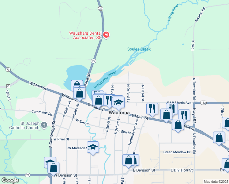 map of restaurants, bars, coffee shops, grocery stores, and more near 328 North Scott Street in Wautoma