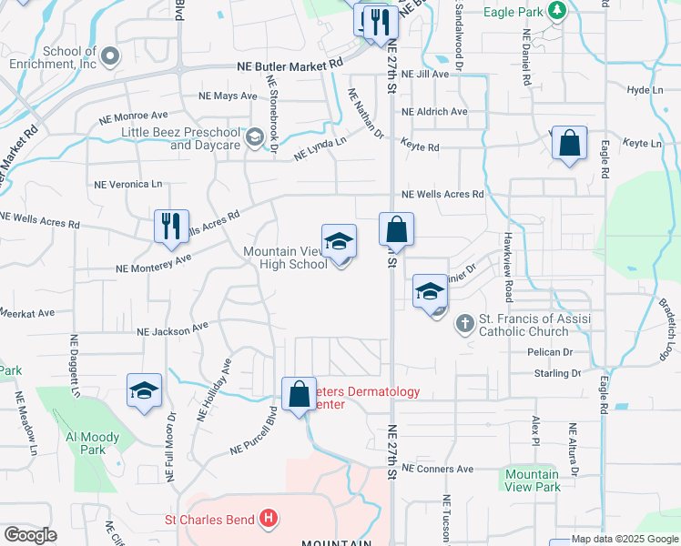map of restaurants, bars, coffee shops, grocery stores, and more near 2755 Northeast 27th Street in Bend
