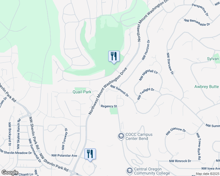 map of restaurants, bars, coffee shops, grocery stores, and more near 2368 Northwest Debron Lane in Bend