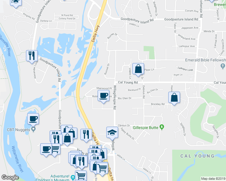 map of restaurants, bars, coffee shops, grocery stores, and more near 996 Sherwood Place in Eugene