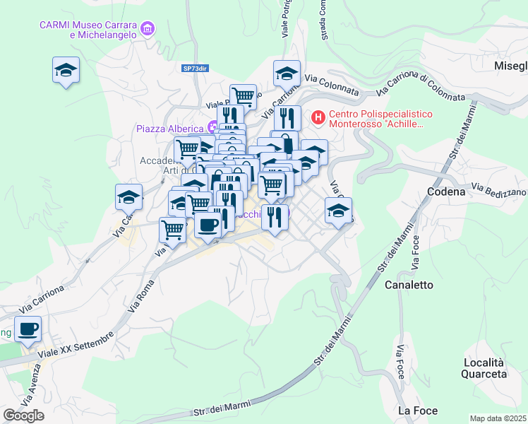 map of restaurants, bars, coffee shops, grocery stores, and more near 6D Via Diramazione per Carrara in Carrara