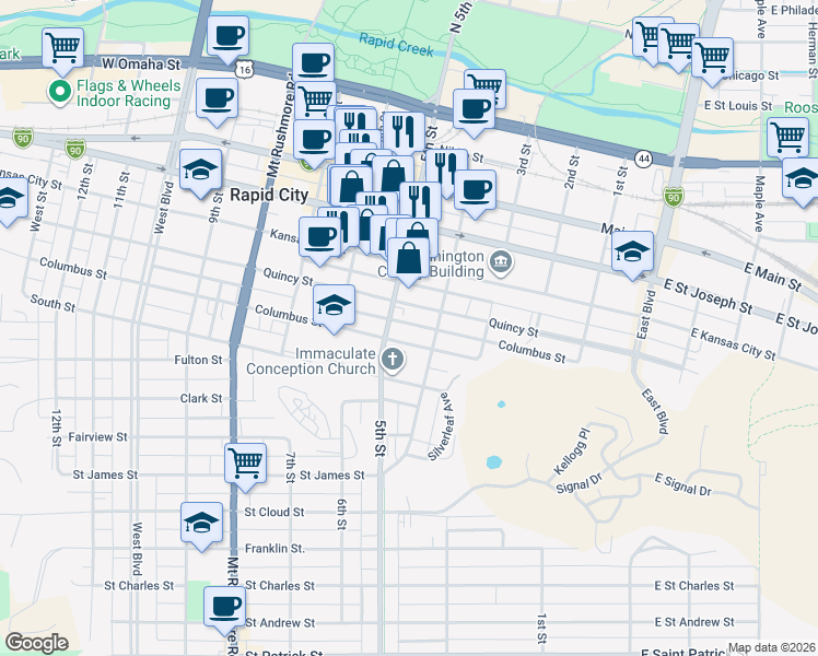 map of restaurants, bars, coffee shops, grocery stores, and more near 422 Columbus Street in Rapid City