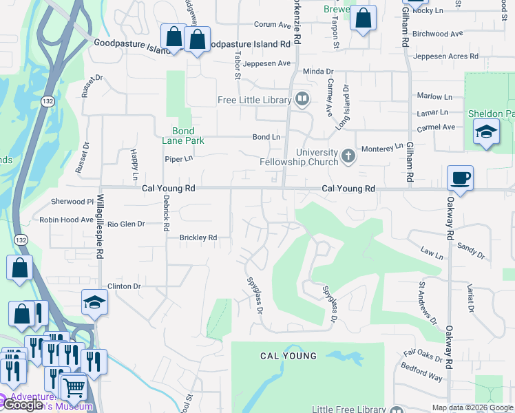 map of restaurants, bars, coffee shops, grocery stores, and more near 1328 Spyglass Drive in Eugene